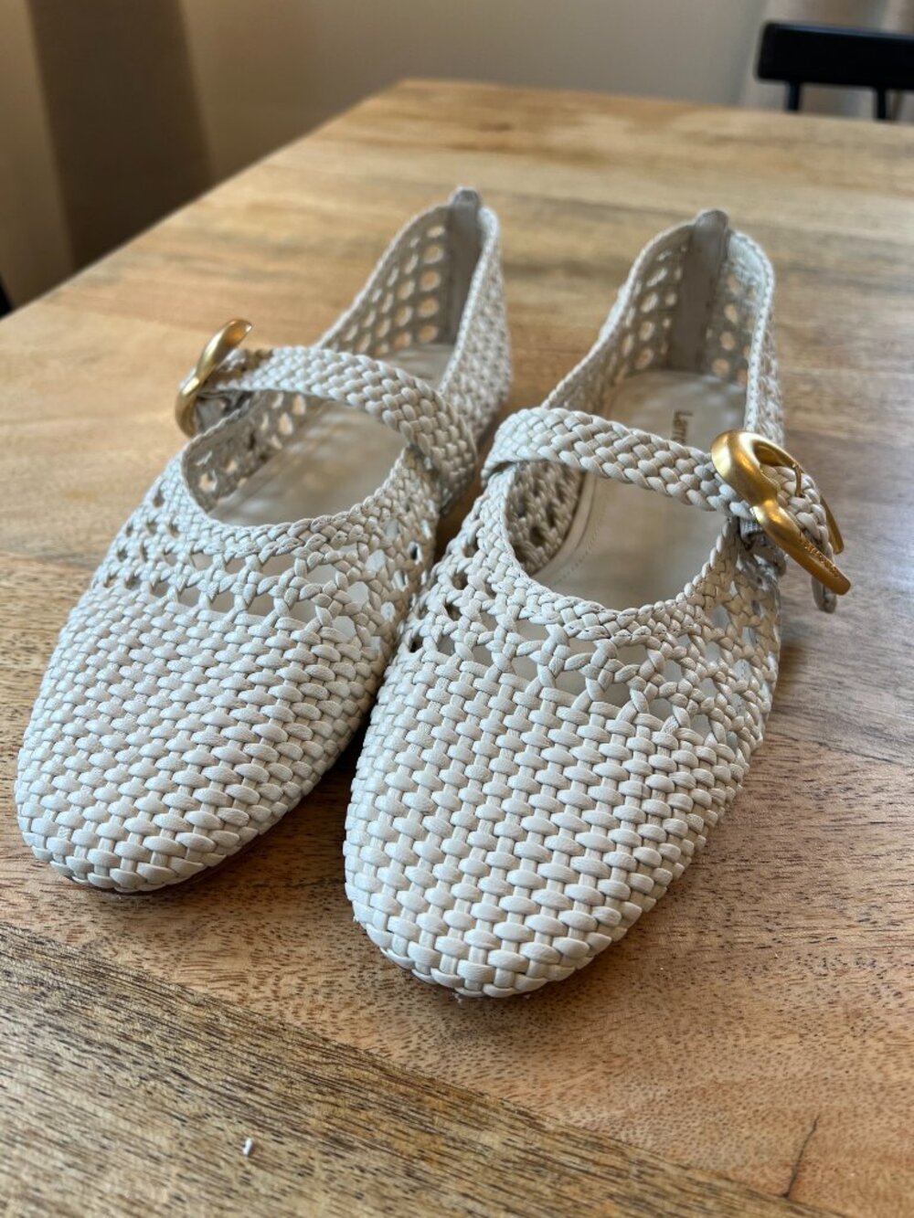 Larroude Cream Woven Mary Jane Flats with Gold Buckles - Picture 2 of 10